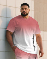 Big & Tall Men Pink & White Gradient Contrast Handwritten Respect Slogan Printed Crewneck Short Sleeve T-Shirt Shorts Suit